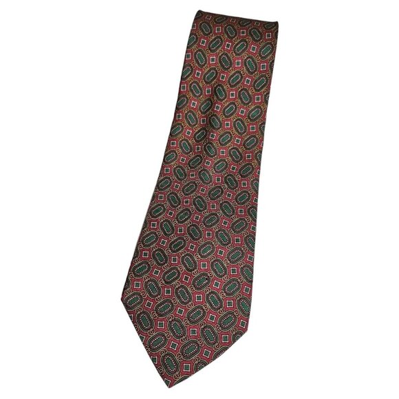 FENDI Men's 100% Silk Necktie LUXURY Tie Burgundy Green Medallion W:3.6" EUC